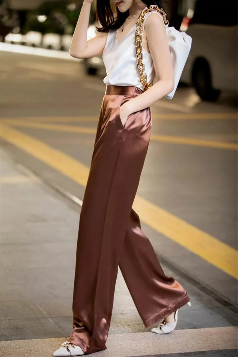 Loose High Waist Satin Pants for Women Long Pants Wide Leg Trousers