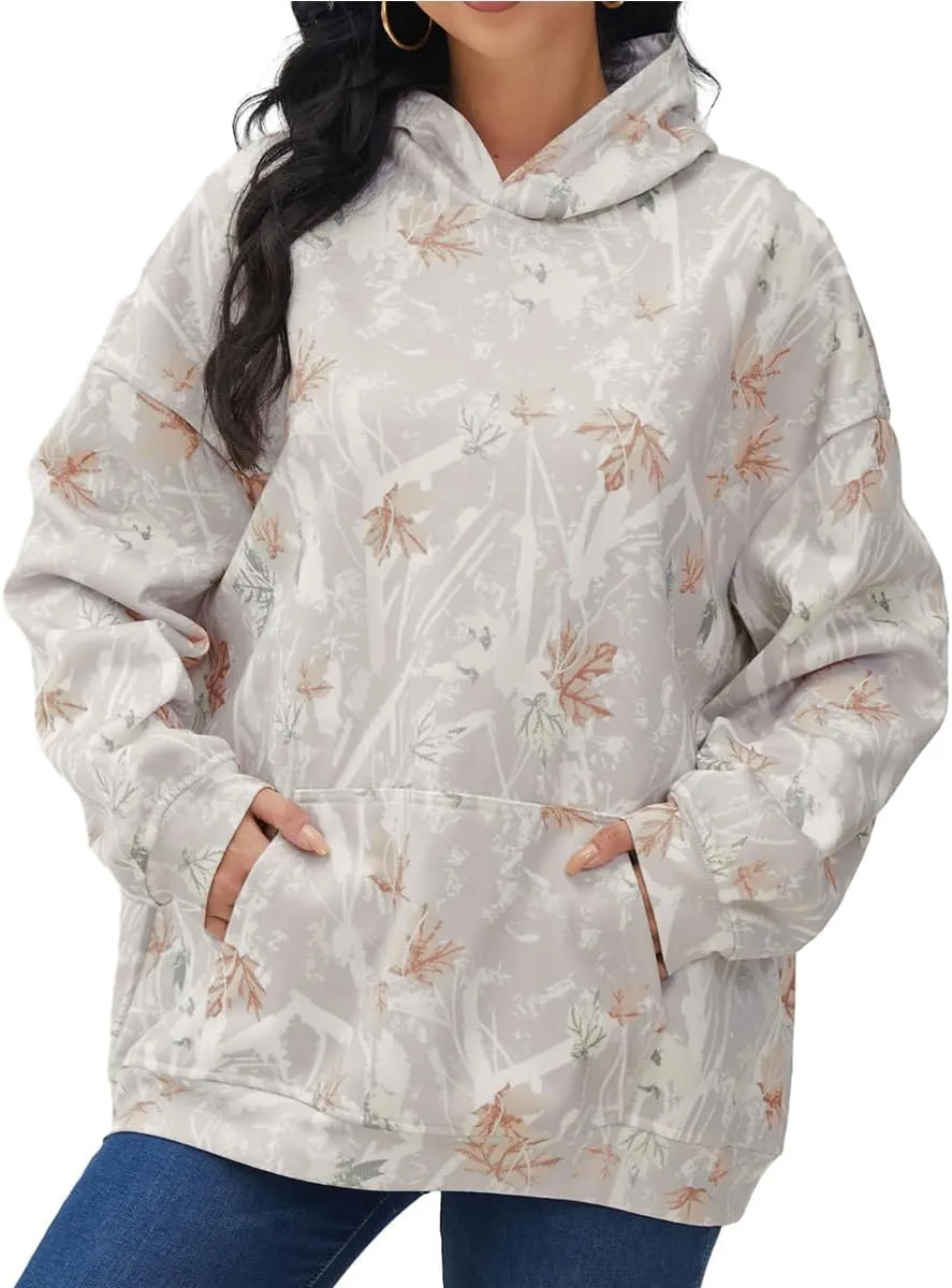 Lynkiss Womens Cotton Camo Hoodies Maple Leaf Print Oversized Hooded Fleece Sweatshirt Long Sleeve Pullover with Pocket
