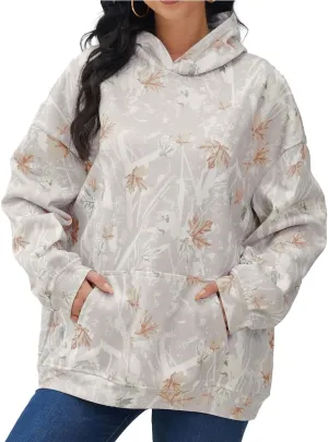 Lynkiss Womens Cotton Camo Hoodies Maple Leaf Print Oversized Hooded Fleece Sweatshirt Long Sleeve Pullover with Pocket
