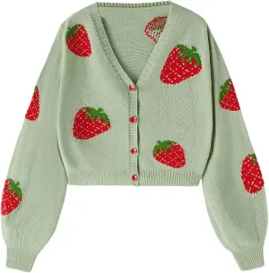 MakeMeChic Girl's Strawberry Print V Neck Button Down Cardigan Sweater Long Sleeve Cute Tops