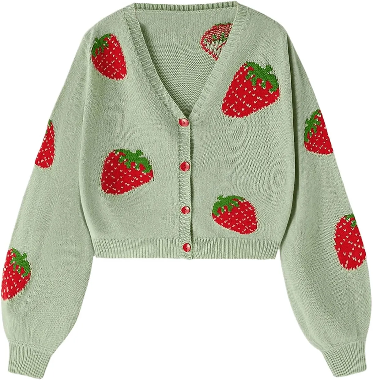 MakeMeChic Girl's Strawberry Print V Neck Button Down Cardigan Sweater Long Sleeve Cute Tops