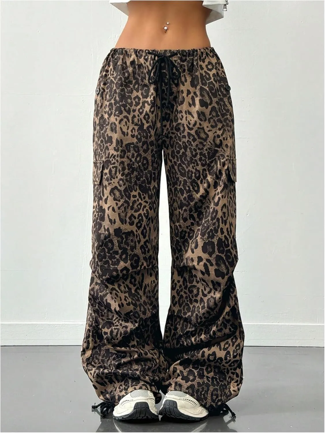 MakeMeChic Women's Leopard Cargo Pants Y2k Drawstring Waist Wide Leg Baggy Cheetah Print Pants