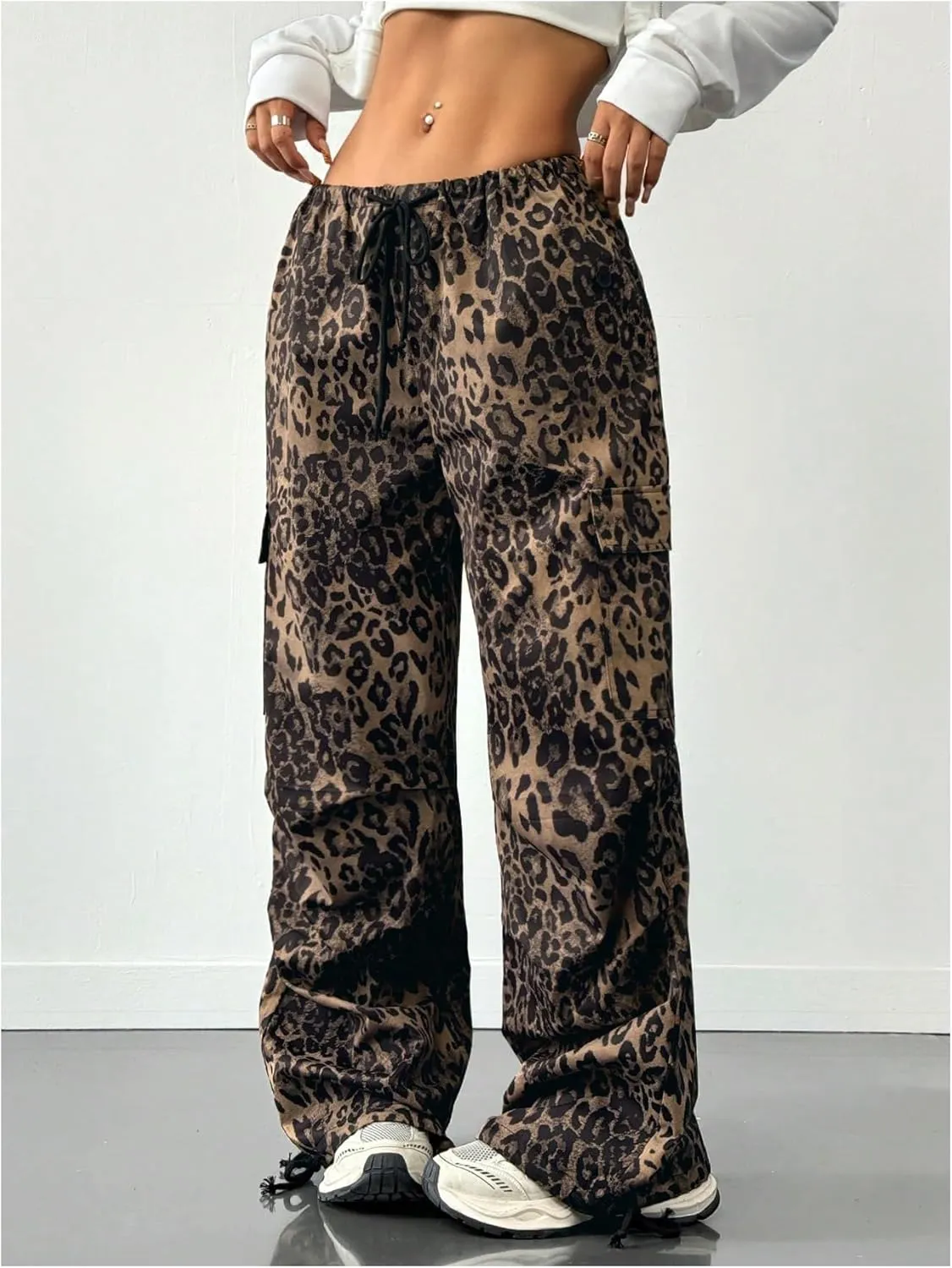 MakeMeChic Women's Leopard Cargo Pants Y2k Drawstring Waist Wide Leg Baggy Cheetah Print Pants