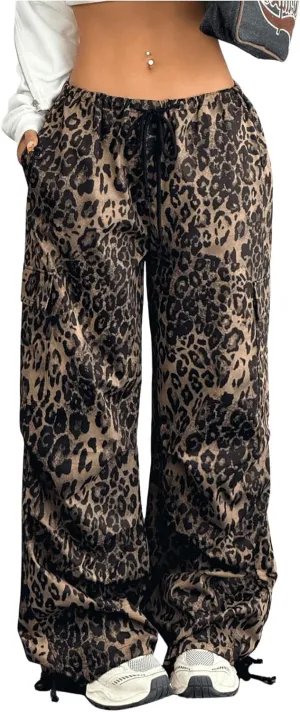 MakeMeChic Women's Leopard Cargo Pants Y2k Drawstring Waist Wide Leg Baggy Cheetah Print Pants