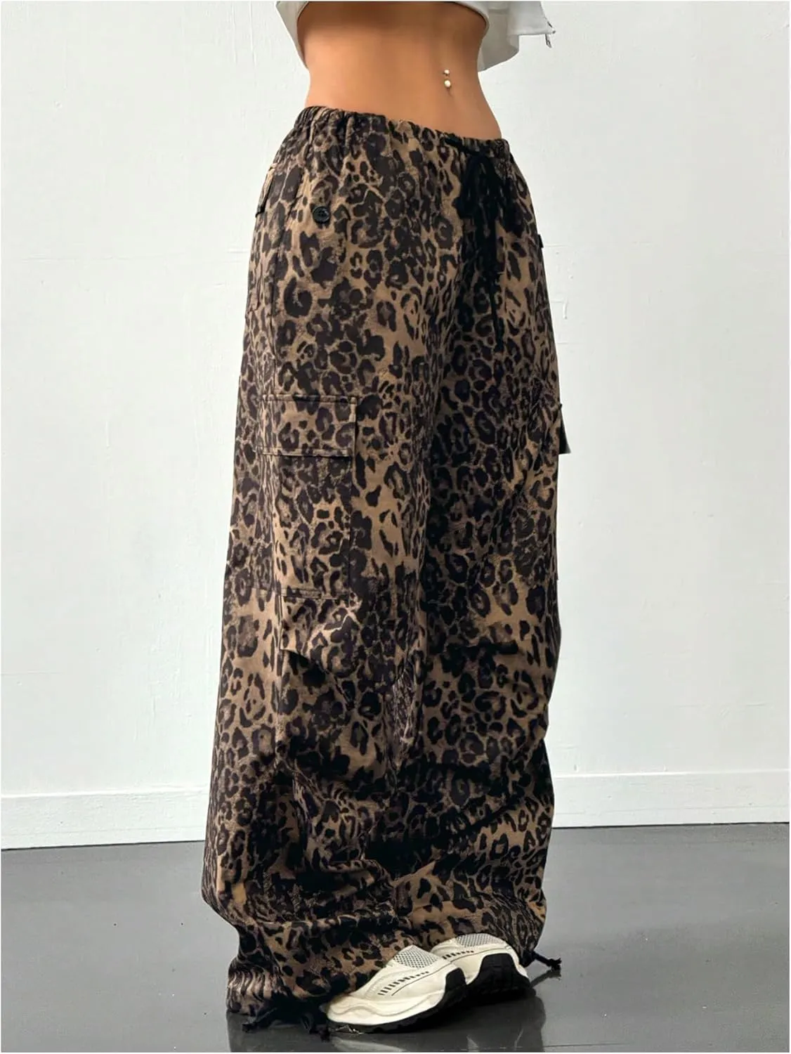 MakeMeChic Women's Leopard Cargo Pants Y2k Drawstring Waist Wide Leg Baggy Cheetah Print Pants