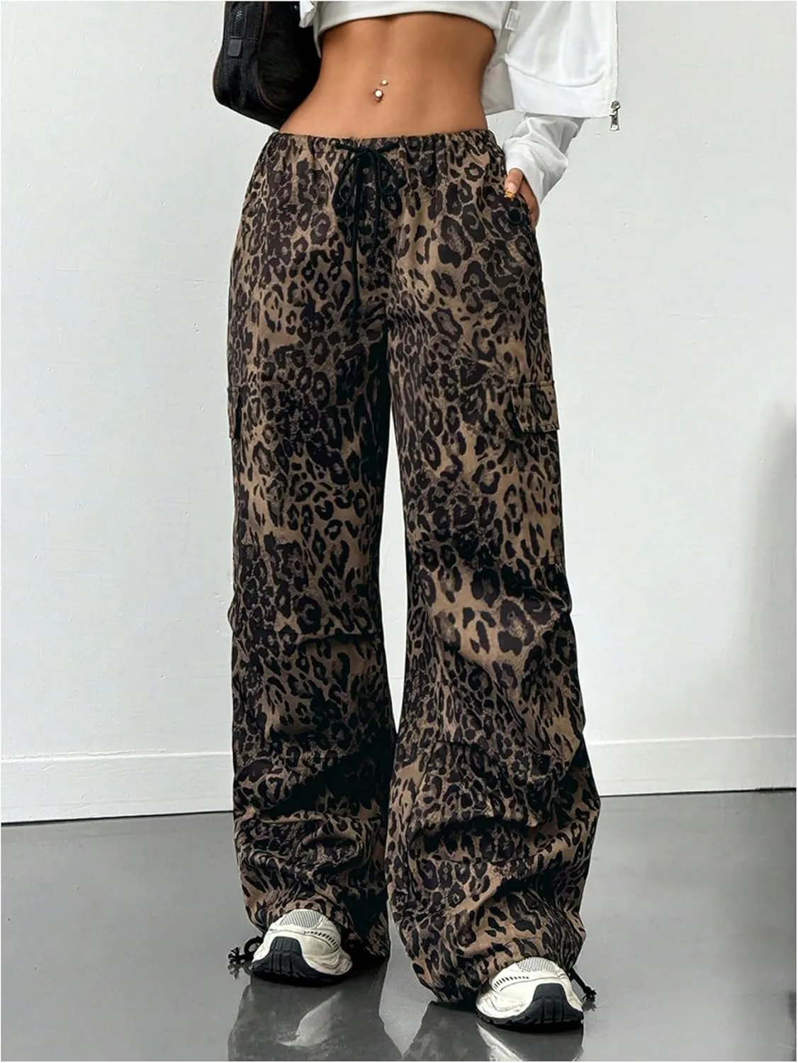MakeMeChic Women's Leopard Cargo Pants Y2k Drawstring Waist Wide Leg Baggy Cheetah Print Pants