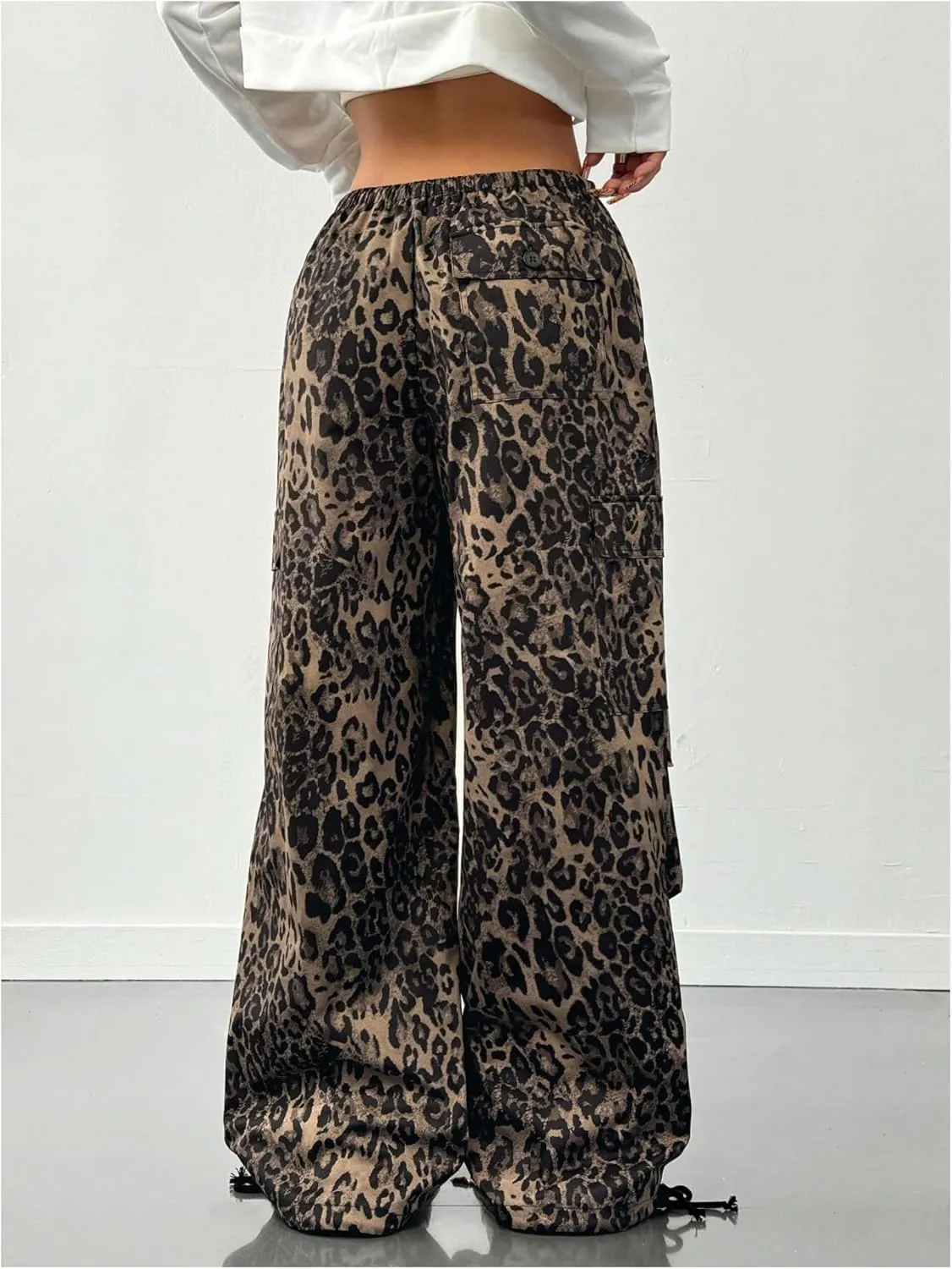 MakeMeChic Women's Leopard Cargo Pants Y2k Drawstring Waist Wide Leg Baggy Cheetah Print Pants