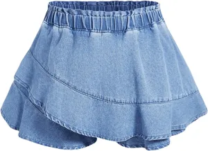 MakeMeChic Women's Plus Size Jean Shorts Elastic Waist Tiered Layer Denim Skorts
