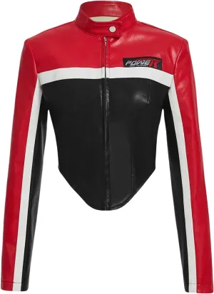 MakeMeChic Women's PU Leather Colorblock Mock Neck Full Zip Motorcycle Jacket Long Sleeve Cropped Streetwear Outerwear