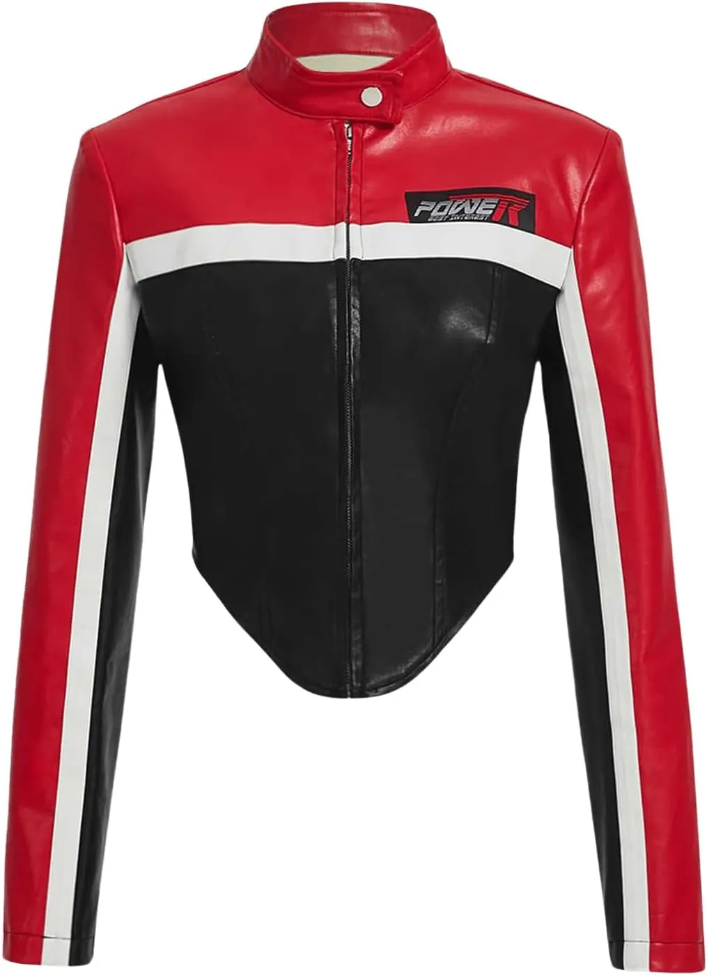 MakeMeChic Women's PU Leather Colorblock Mock Neck Full Zip Motorcycle Jacket Long Sleeve Cropped Streetwear Outerwear