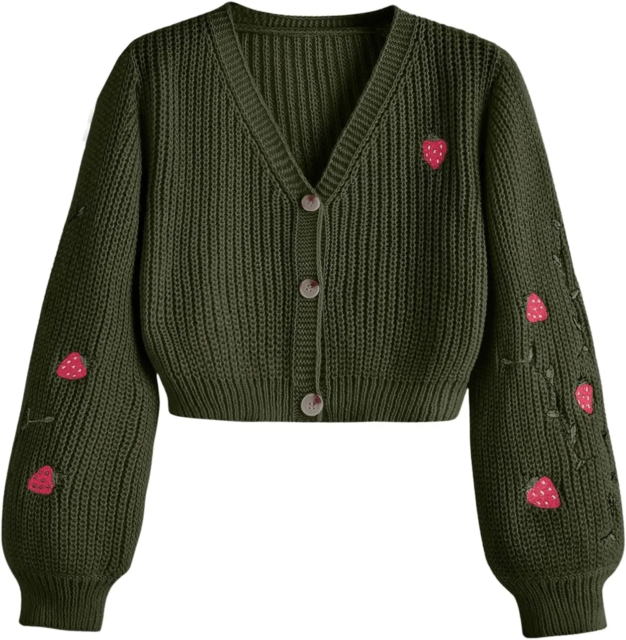 MakeMeChic Women's Strawberry Embroidery Lantern Sleeve V Neck Button Down Cardigan Knit Tops