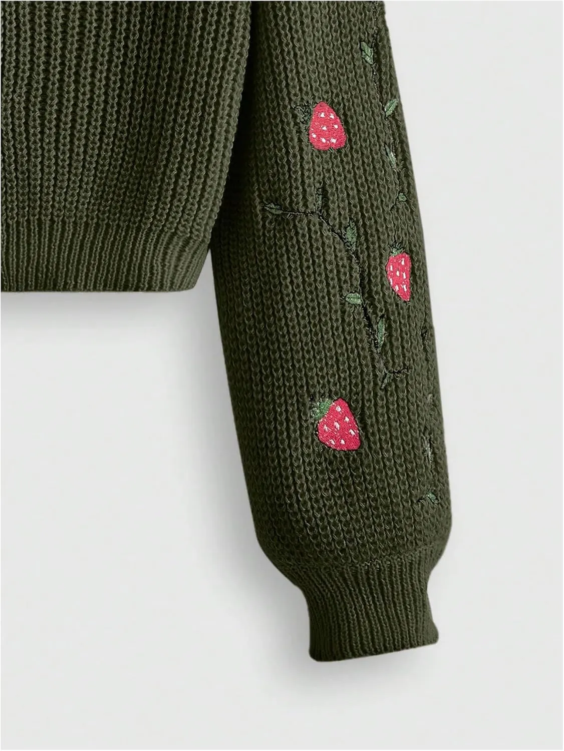 MakeMeChic Women's Strawberry Embroidery Lantern Sleeve V Neck Button Down Cardigan Knit Tops