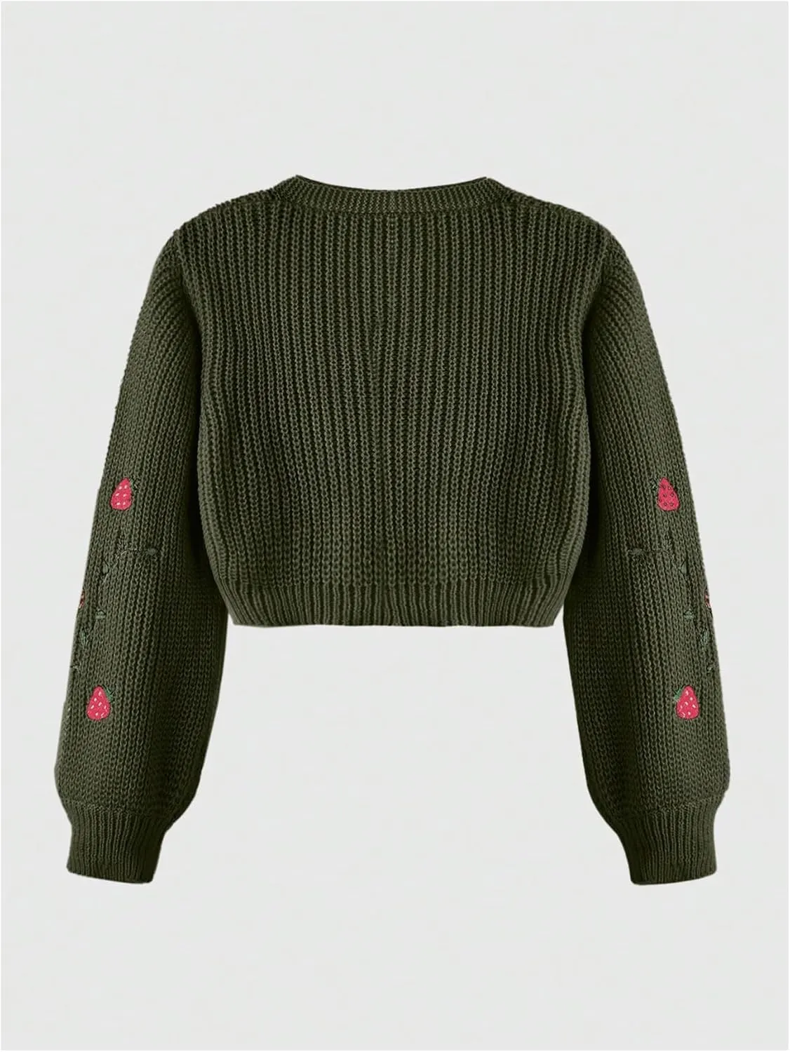 MakeMeChic Women's Strawberry Embroidery Lantern Sleeve V Neck Button Down Cardigan Knit Tops