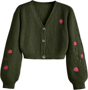 MakeMeChic Women's Strawberry Embroidery Lantern Sleeve V Neck Button Down Cardigan Knit Tops