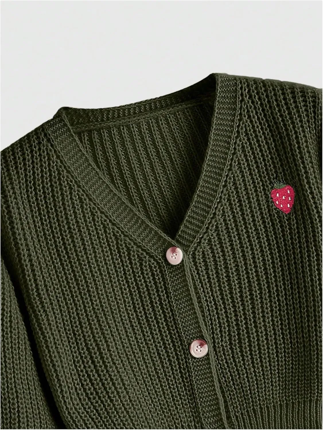 MakeMeChic Women's Strawberry Embroidery Lantern Sleeve V Neck Button Down Cardigan Knit Tops