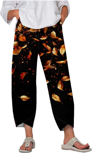MARSVOVO Capri Pants for Women 2024 Summer Cotton Linen Hawaiian Leaf Print Baggy Wide Leg Cropped Pants with Pockets