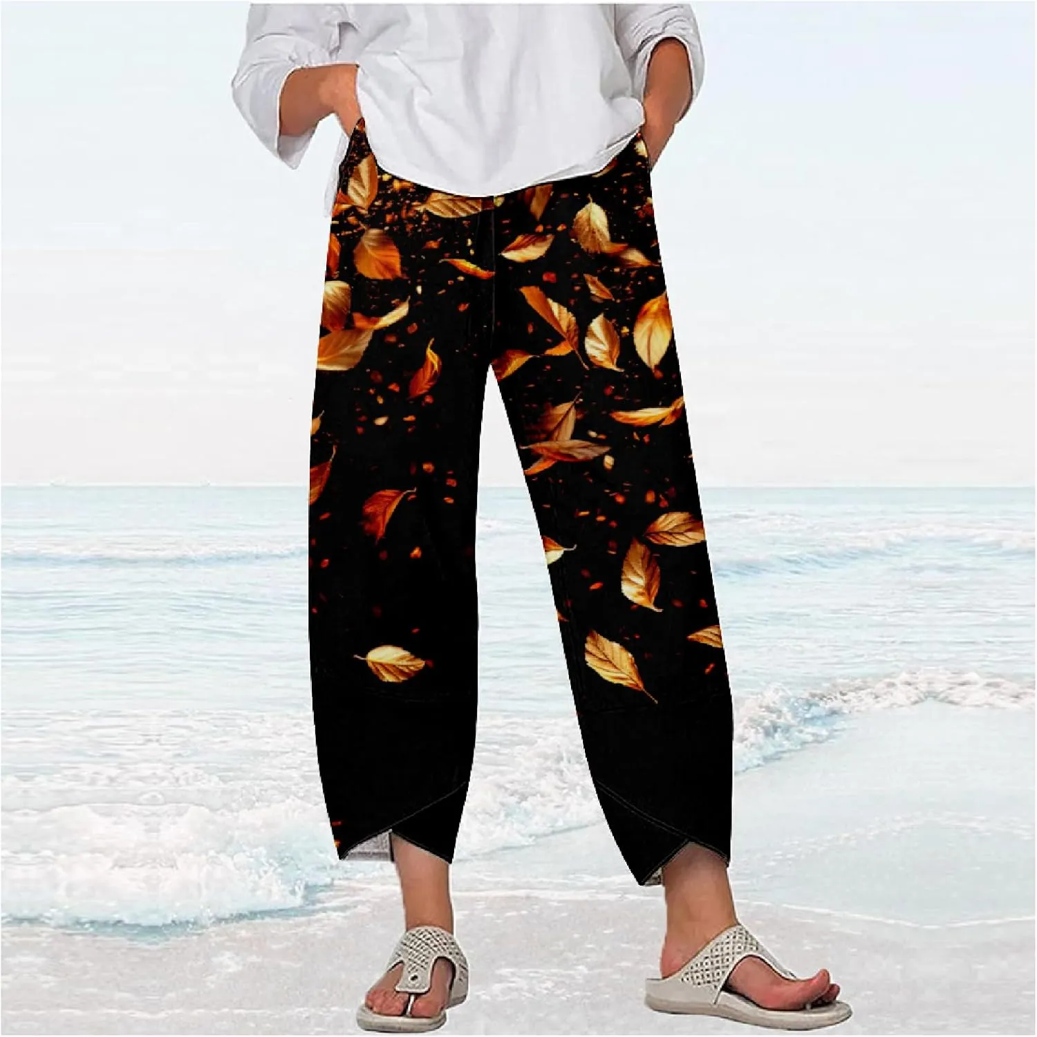 MARSVOVO Capri Pants for Women 2024 Summer Cotton Linen Hawaiian Leaf Print Baggy Wide Leg Cropped Pants with Pockets