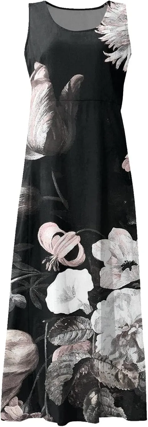 Maxi Dress for Women Cotton Linen Floral Print Casual Long Dress Flowy Sleeveless Round Neck Dresses with Pockets