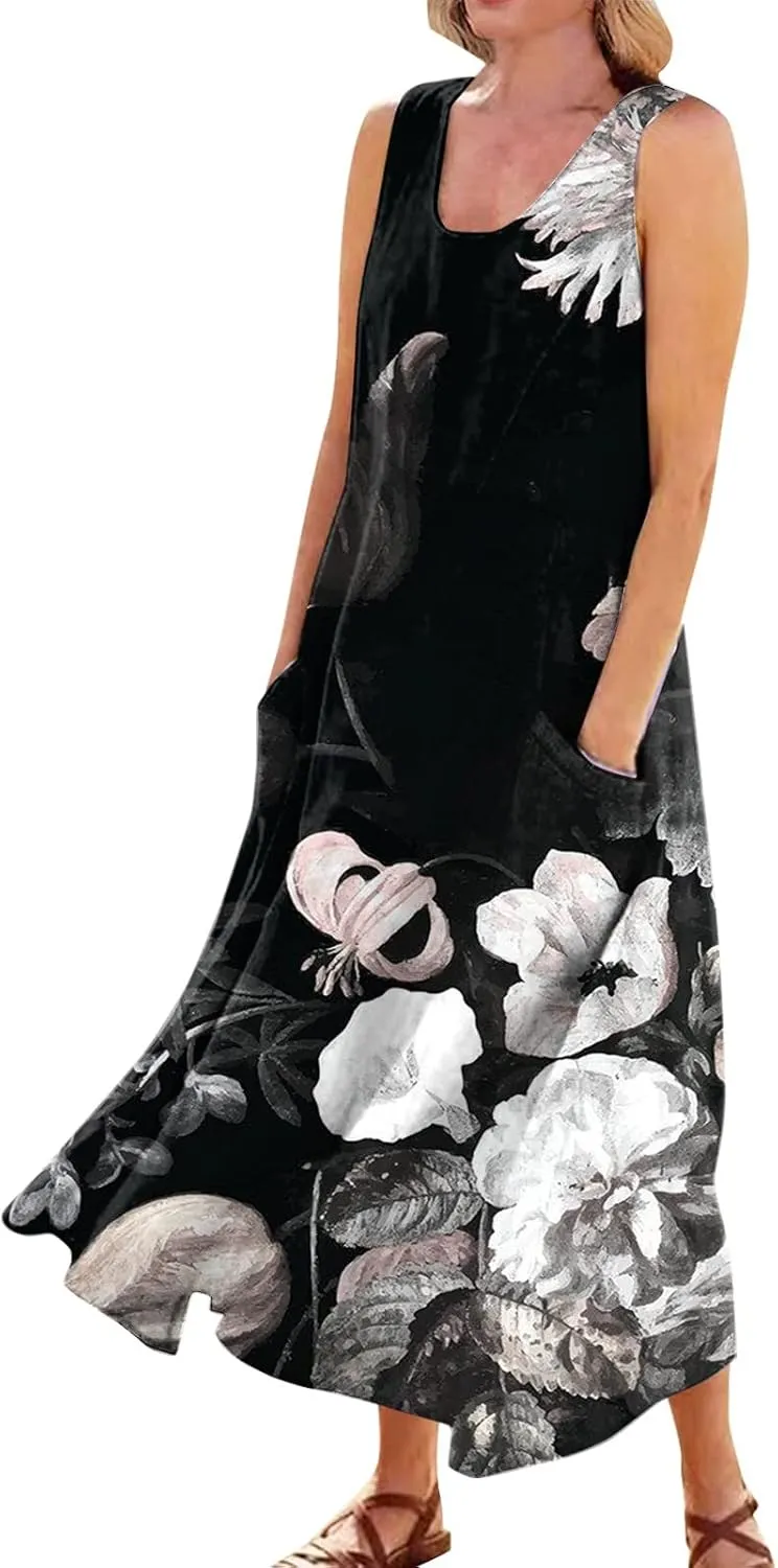 Maxi Dress for Women Cotton Linen Floral Print Casual Long Dress Flowy Sleeveless Round Neck Dresses with Pockets