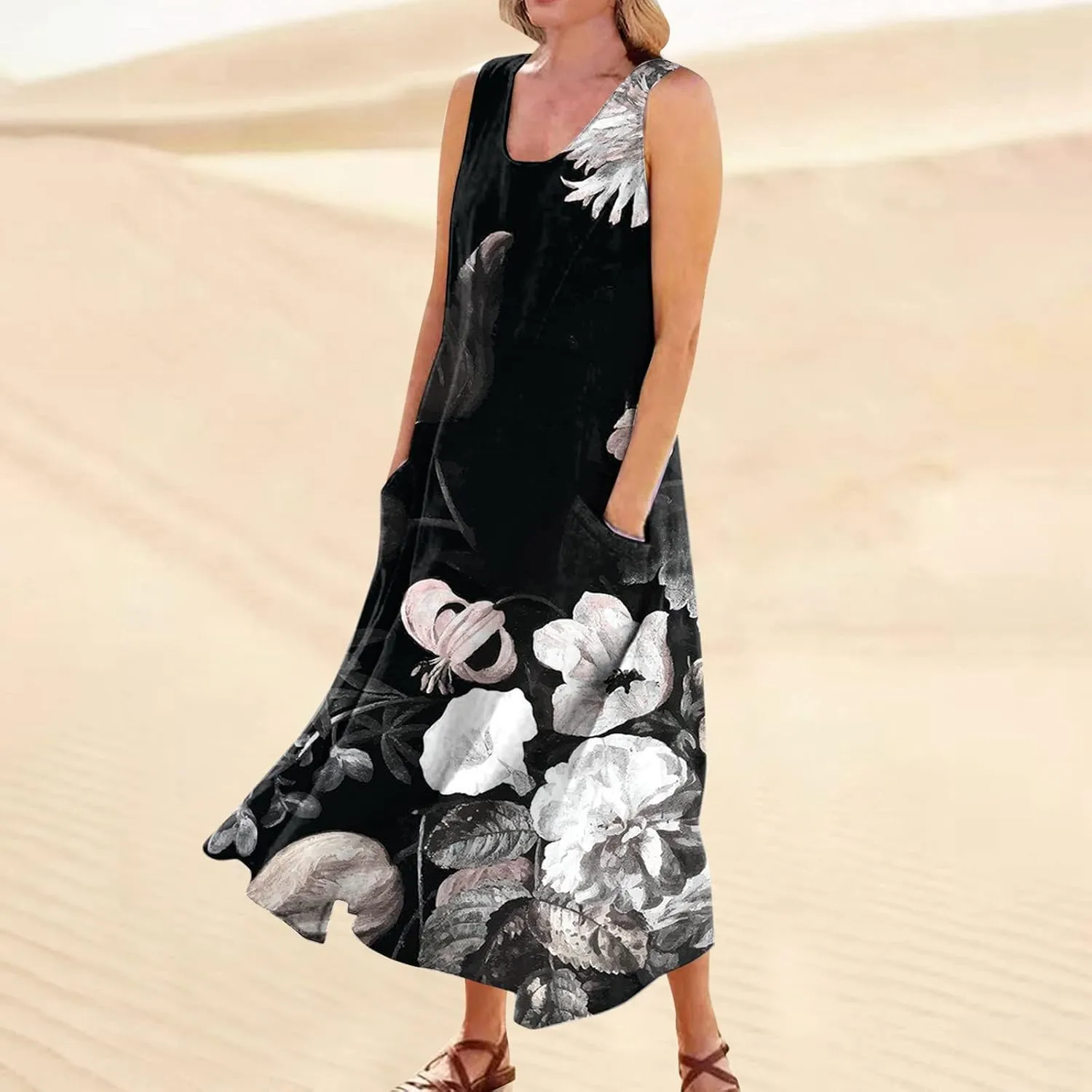 Maxi Dress for Women Cotton Linen Floral Print Casual Long Dress Flowy Sleeveless Round Neck Dresses with Pockets