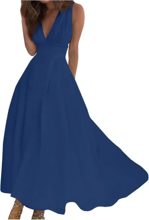 Maxi Dress for Women Deep V Neck Sleeveless Dresses High Waiste Printed Dress Flowy Summer Dresses Maxi Casual Dress