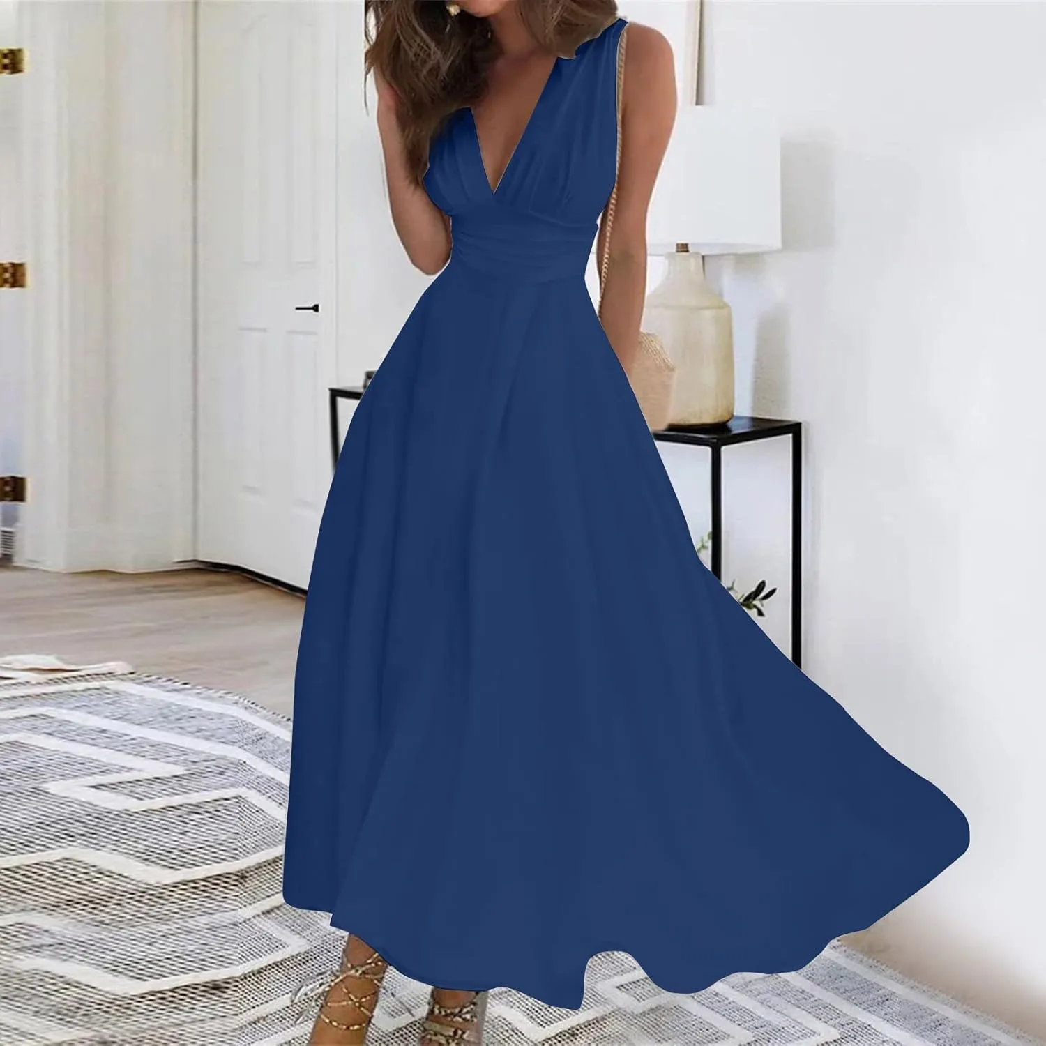 Maxi Dress for Women Deep V Neck Sleeveless Dresses High Waiste Printed Dress Flowy Summer Dresses Maxi Casual Dress