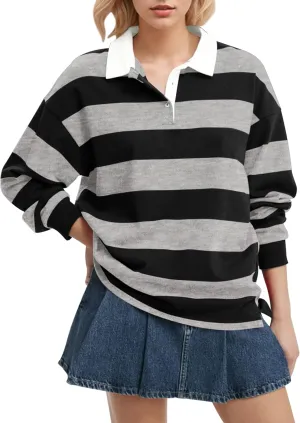 Meladyan Womens Oversized Striped Polo Sweatshirt Long Sleeve V Neck Lapel Collared Polo Shirts 2024 Fall Fashion Clothing