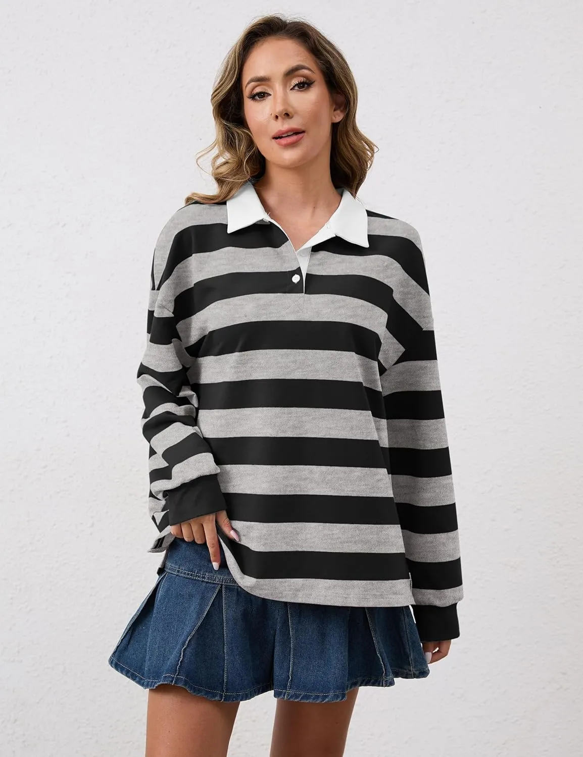 Meladyan Womens Oversized Striped Polo Sweatshirt Long Sleeve V Neck Lapel Collared Polo Shirts 2024 Fall Fashion Clothing