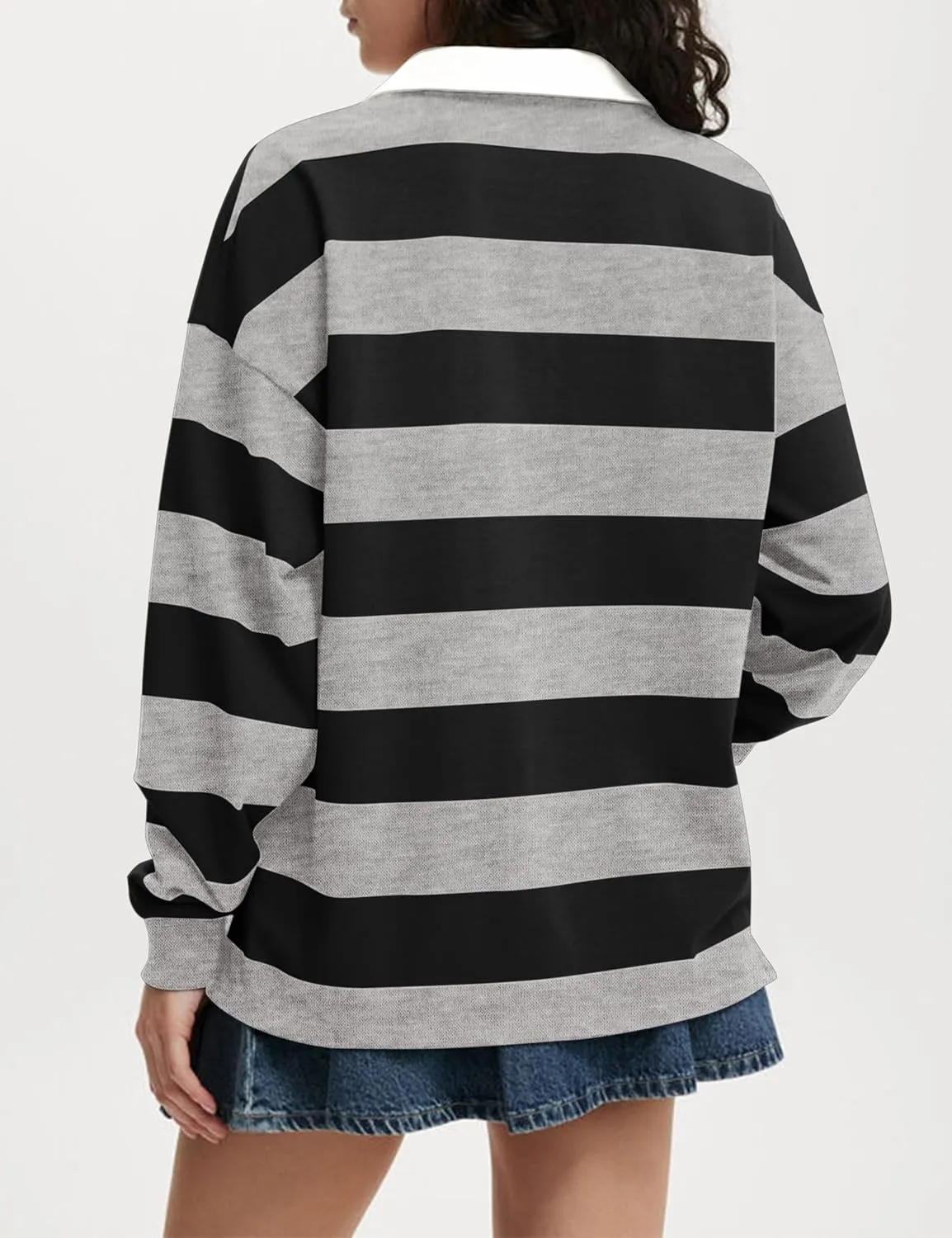 Meladyan Womens Oversized Striped Polo Sweatshirt Long Sleeve V Neck Lapel Collared Polo Shirts 2024 Fall Fashion Clothing