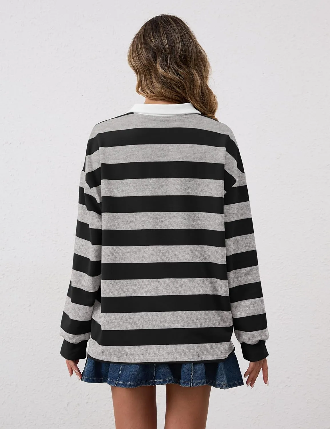 Meladyan Womens Oversized Striped Polo Sweatshirt Long Sleeve V Neck Lapel Collared Polo Shirts 2024 Fall Fashion Clothing