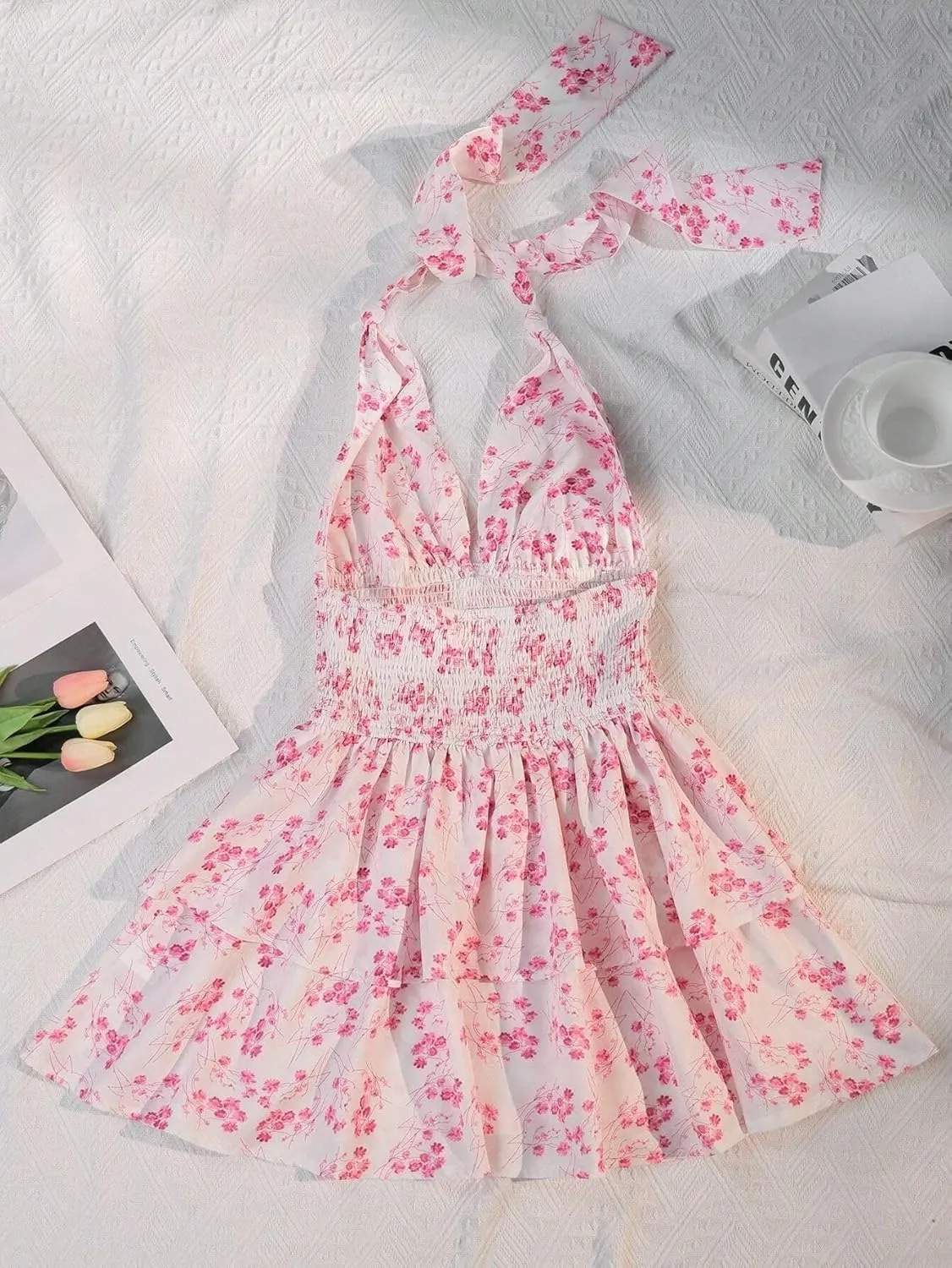 Melliflo Halter Dresses for Women Floral Sleeveless Deep V Neck Tie Backless Pleated Waist Ruffle Boho Mini Dress