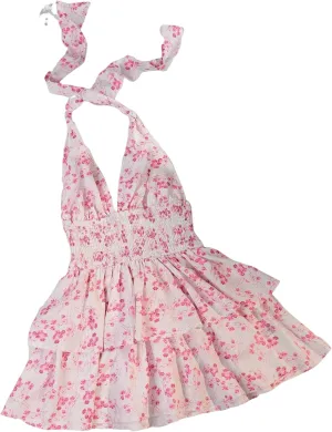 Melliflo Halter Dresses for Women Floral Sleeveless Deep V Neck Tie Backless Pleated Waist Ruffle Boho Mini Dress