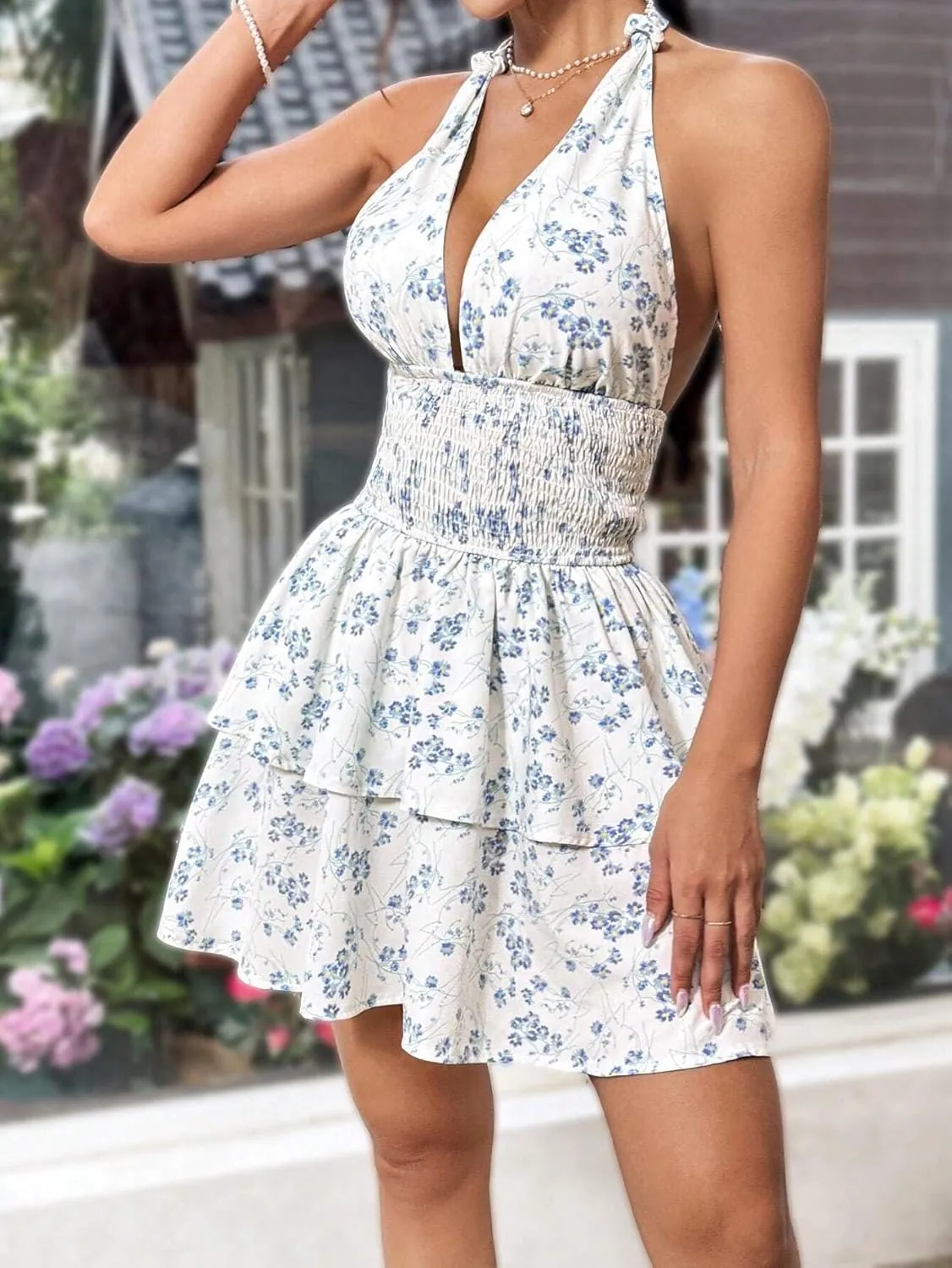 Melliflo Halter Dresses for Women Floral Sleeveless Deep V Neck Tie Backless Pleated Waist Ruffle Boho Mini Dress