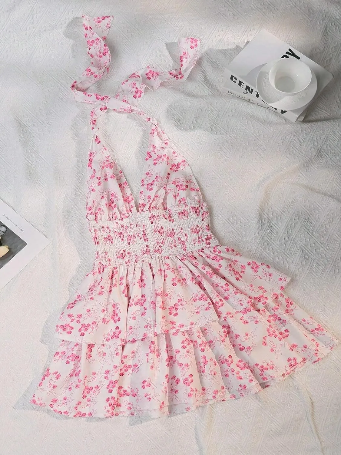 Melliflo Halter Dresses for Women Floral Sleeveless Deep V Neck Tie Backless Pleated Waist Ruffle Boho Mini Dress