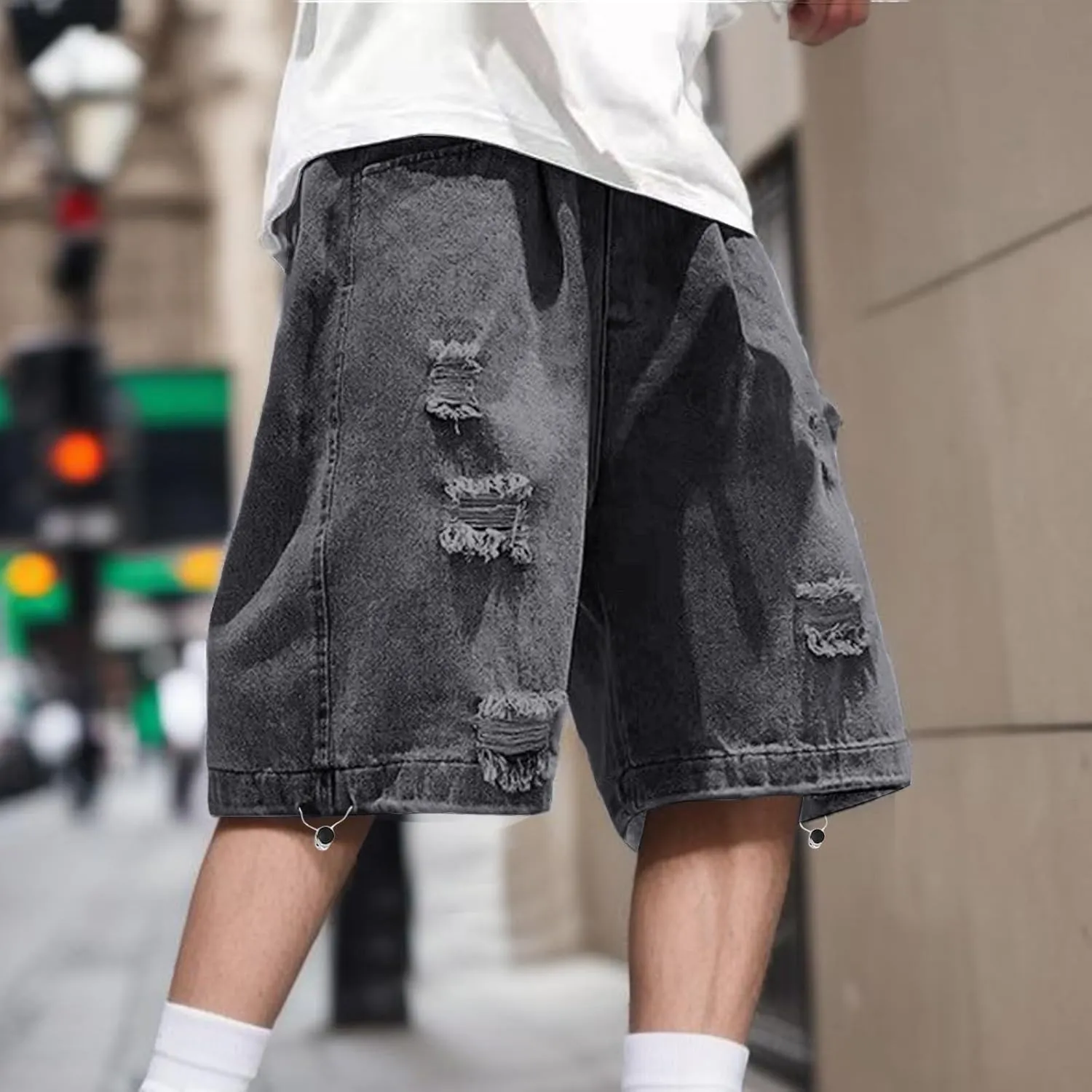 Mens Baggy Jean Shorts Loose Fit Below Knee Denim Shorts Summer Casual Y2K Streetwear Clothes