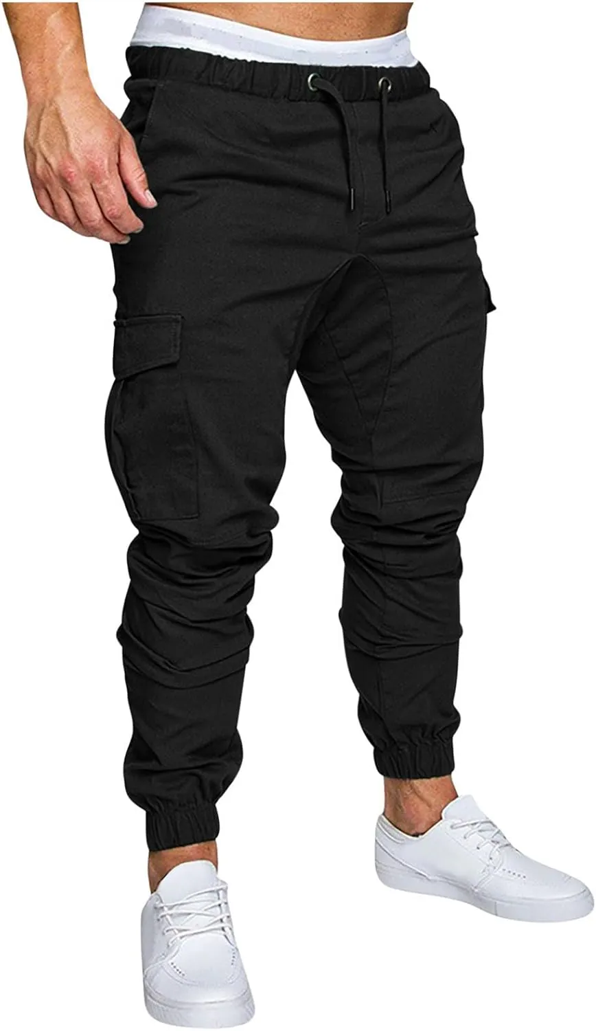 Mens Cargo Pants Slim Fit Drawstring Stretch Joggers Tapered Causal Fashion Solid Athletic Sweatpants Fall Trousers