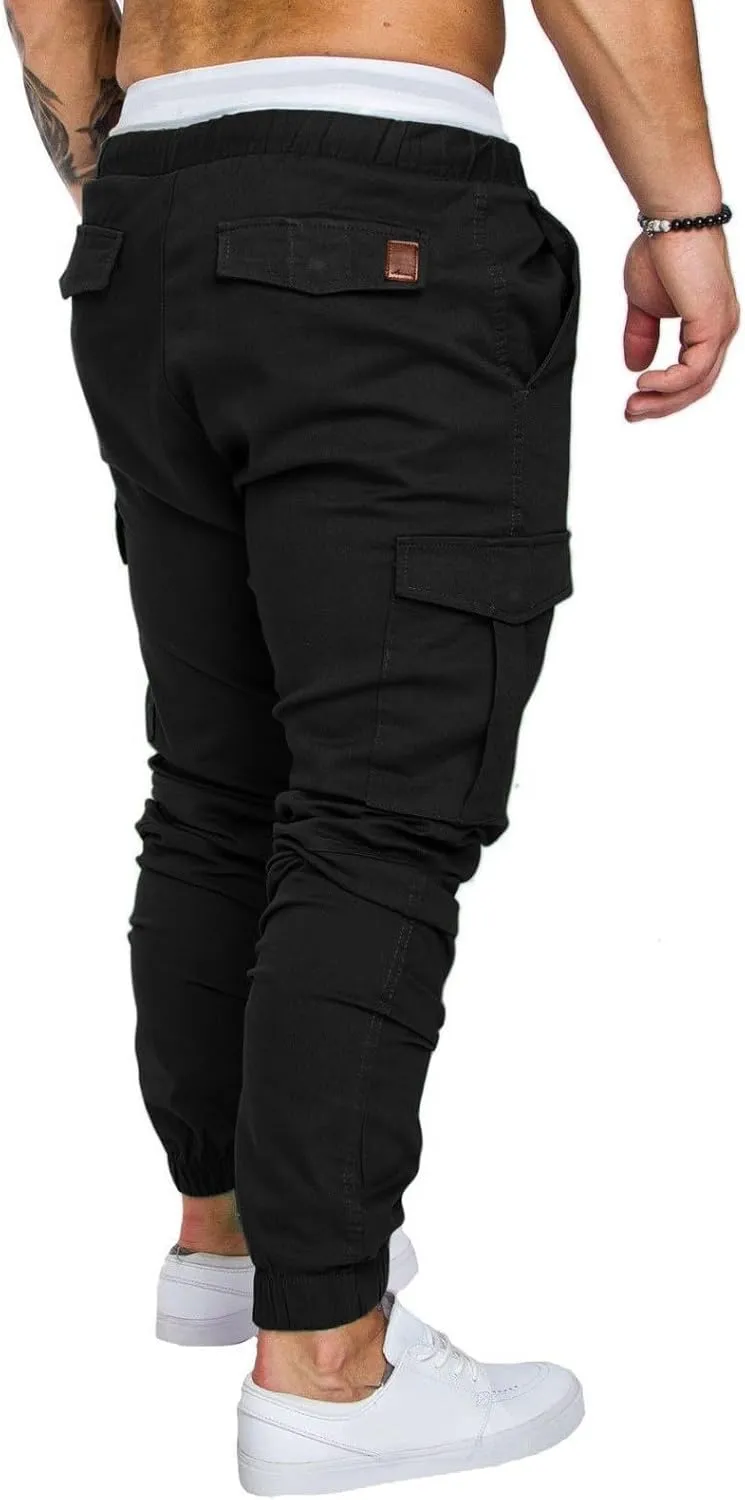 Mens Cargo Pants Slim Fit Drawstring Stretch Joggers Tapered Causal Fashion Solid Athletic Sweatpants Fall Trousers