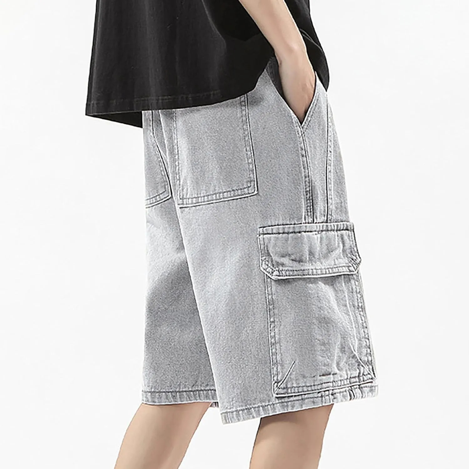 Men's Loose Y2K Hip Hop Mid Jean Shorts Baggy Denim Shorts with Pockets Skateboard Streetwear Clothes