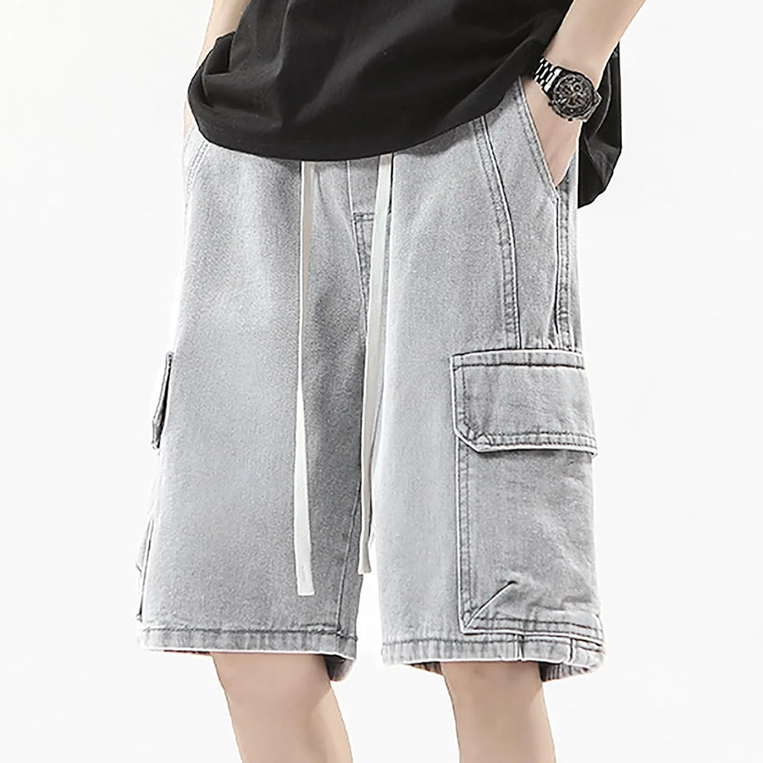 Men's Loose Y2K Hip Hop Mid Jean Shorts Baggy Denim Shorts with Pockets Skateboard Streetwear Clothes