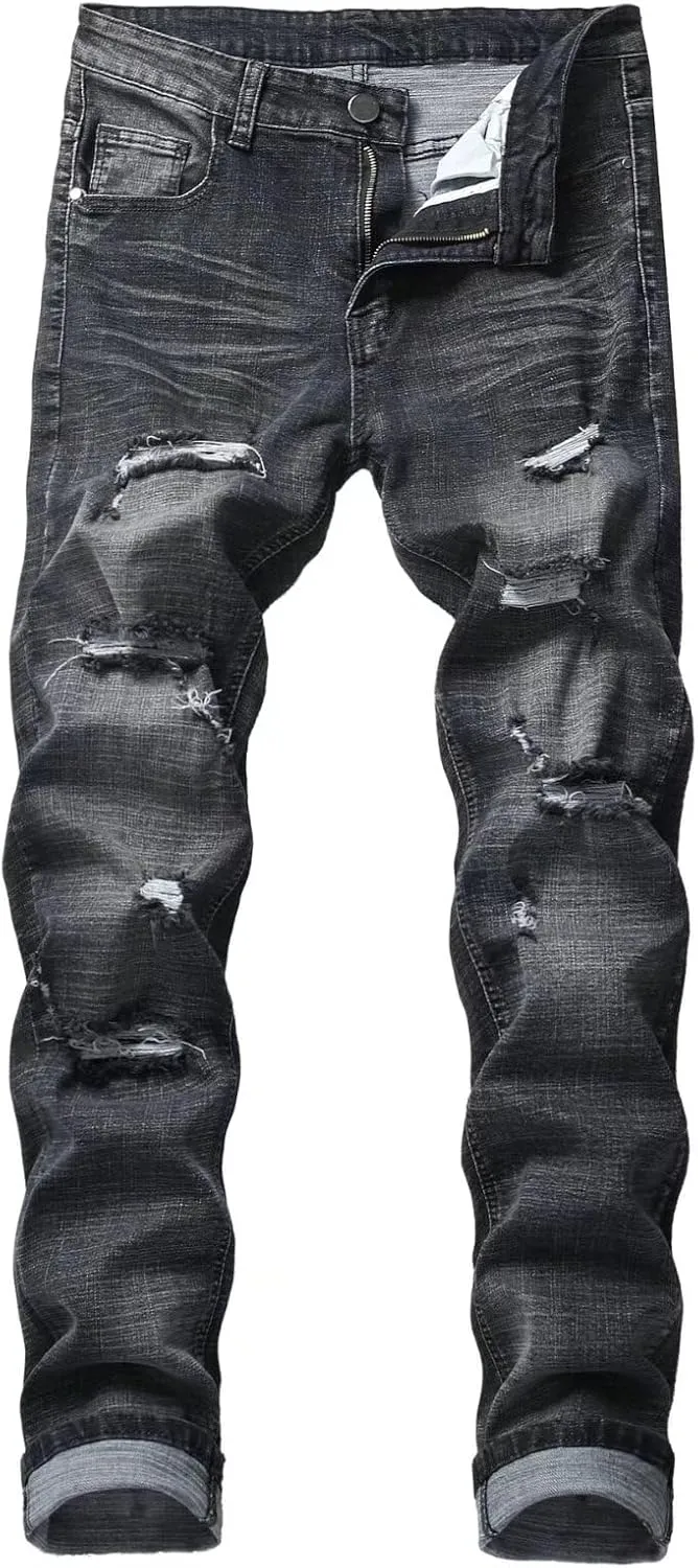Men's Ripped Skinny Slim Fit Stretch Distressed Destroyed Jeans Denim Pants