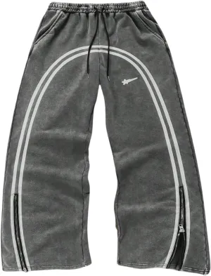 Men's Side Stripe Sweatpants Zipper Design Jogger Pants Drawstring Waist Wide Leg Trousers