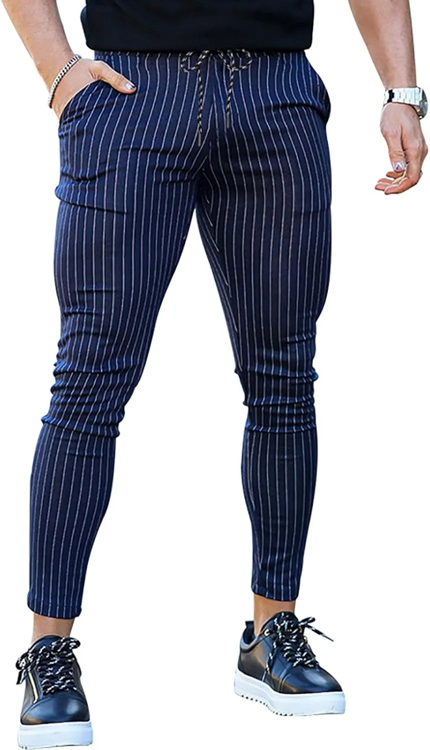 Mens Skinny Business Dress Chinos Pants Slim Fit Stretch Stripe Print Trousers for Men Flat-Front Casual Slacks for Men
