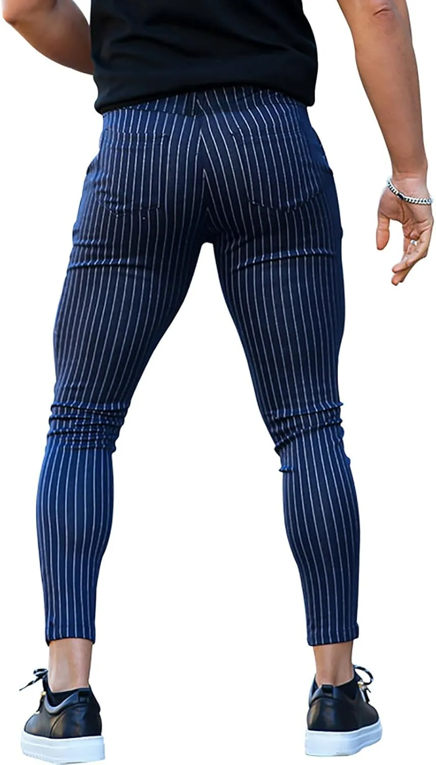 Mens Skinny Business Dress Chinos Pants Slim Fit Stretch Stripe Print Trousers for Men Flat-Front Casual Slacks for Men