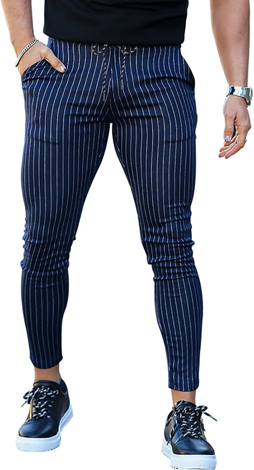 Mens Skinny Business Dress Chinos Pants Slim Fit Stretch Stripe Print Trousers for Men Flat-Front Casual Slacks for Men