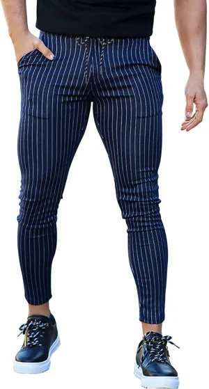 Mens Skinny Business Dress Chinos Pants Slim Fit Stretch Stripe Print Trousers for Men Flat-Front Casual Slacks for Men