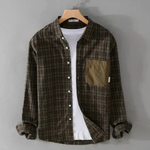 Men's Vintage Plaid Long Sleeve Shirt | Solid Color Casual Loose Fit | Soft Streetwear Clothing