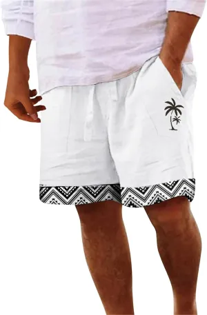 Mens White Summer Linen Shorts Coconut Tree Printed Beach Trendy Shorts Mens White Summer Linen Shorts Mens Linen