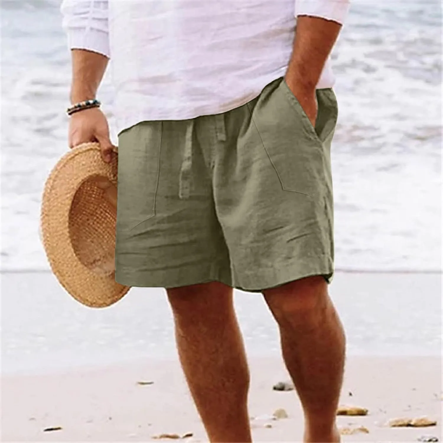Mens White Summer Linen Shorts Coconut Tree Printed Beach Trendy Shorts Mens White Summer Linen Shorts Mens Linen