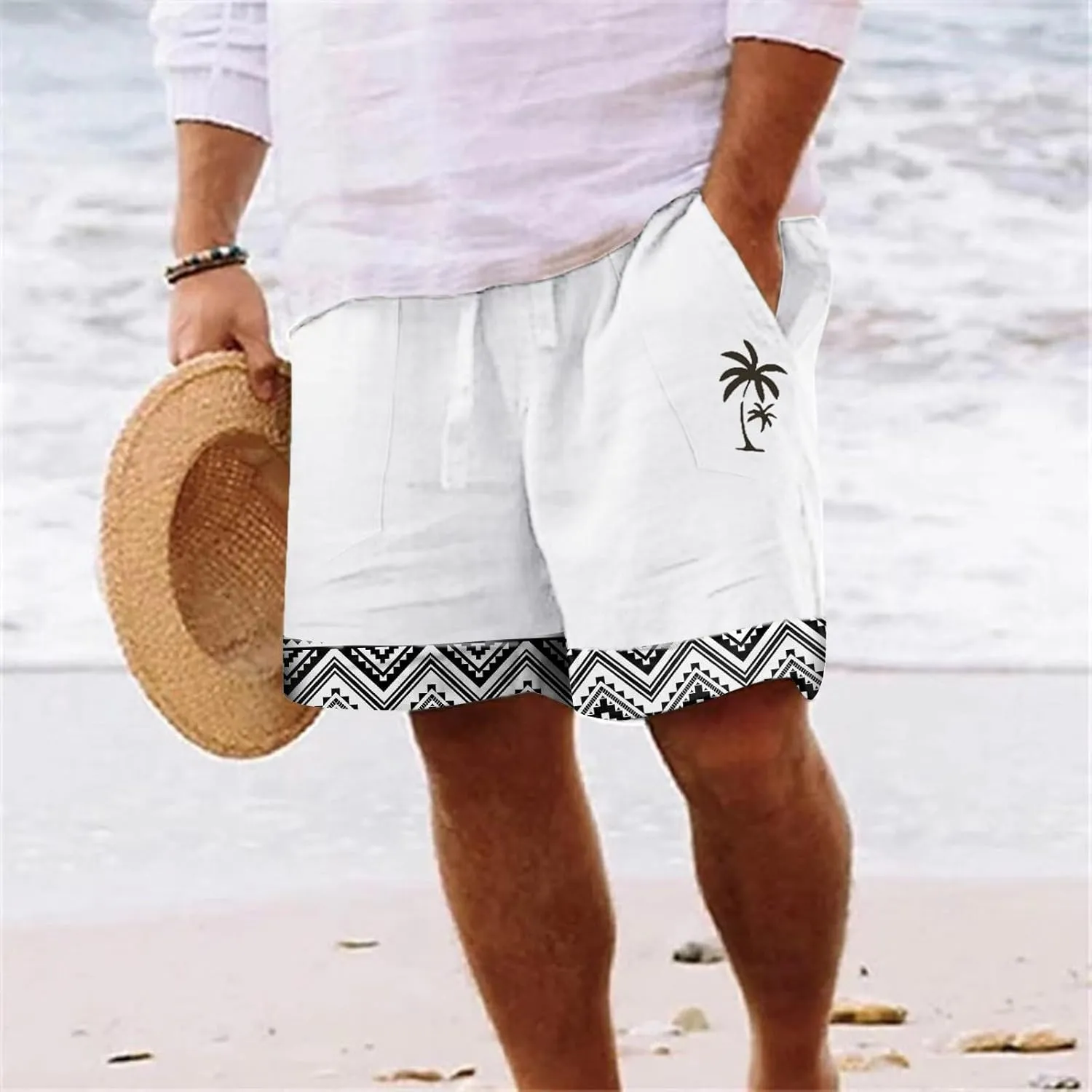 Mens White Summer Linen Shorts Coconut Tree Printed Beach Trendy Shorts Mens White Summer Linen Shorts Mens Linen