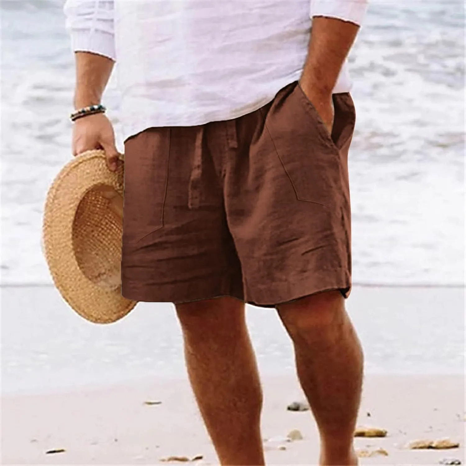 Mens White Summer Linen Shorts Coconut Tree Printed Beach Trendy Shorts Mens White Summer Linen Shorts Mens Linen